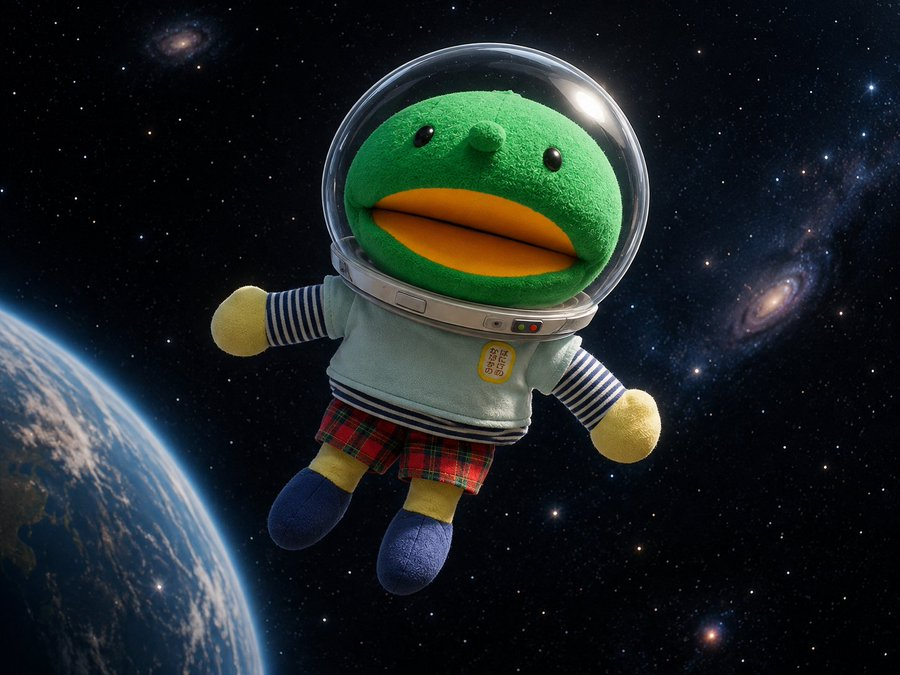 Kabochan in an astronaut suit floating in space above Earth
