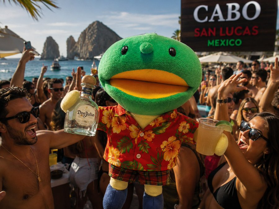 Kabochan plushie partying on the beach in Cabo San Lucas