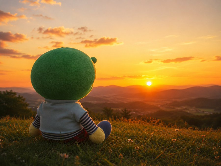 Kabochan watching the sunset from a grassy hill