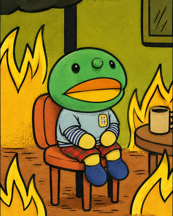 Kabochan sitting calmly in a chair while the room is on fire
